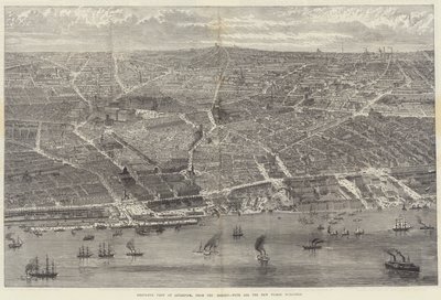 Fugleperspektiv af Liverpool, fra Mersey, med alle de nye offentlige bygninger af English School