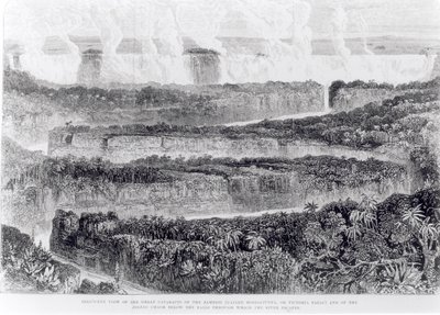 Fugleperspektiv af de store grå stær i Zambesi (Victoria Falls) fra fortælling om en udstilling til Zambesi og dens bifloder, udgivet 1865 af English School