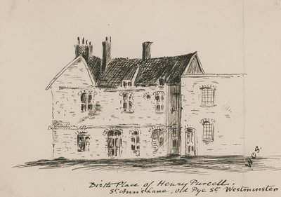 Fødested for Henry Purcell, St Anns Lane, Old Pye Street, Westminster (blæk på papir) af English School