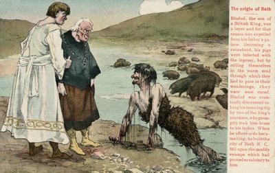 Bladud, en legendarisk konge af briterne, der siges at have grundlagt byen Bath (farve litho) af English School