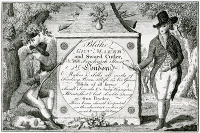 Blake, Gunmaker og Sword Cutler, våbenkasselabel (gravering) af English School