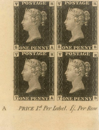 Blok af Penny Black frimærker, ca. 1840 (frimærker) af English School