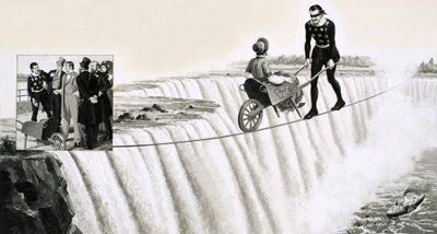 Blondin (Francois Gravelet) skubber en trillebør hen over en stram reb over Niagara Falls af English School