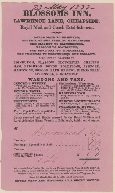 Blossoms Inn, Lawrence Lane, Cheapside, Bill af English School