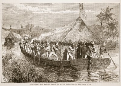Blue-jackets og marinesoldater, der polerer den britiske ekspedition op ad Perak-floden, illustration fra Cassells Illustrated History of England af English School