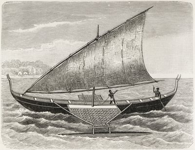 Boat of the Mortlock Islands, med støtteben og sejl af rush-matting, fra 