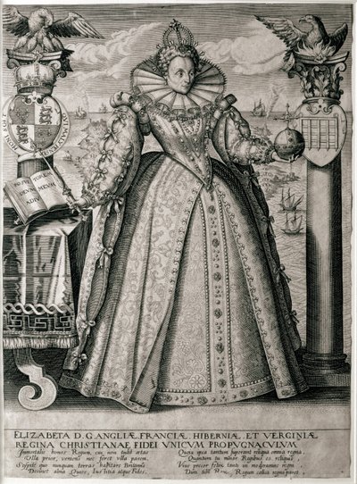 Bogfrontispice, der fejrer Dronning Elizabeths lykkelige og velstående regeringstid, 1596 af English School