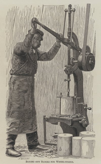 Udboring af blokke til hjulstokke af English School