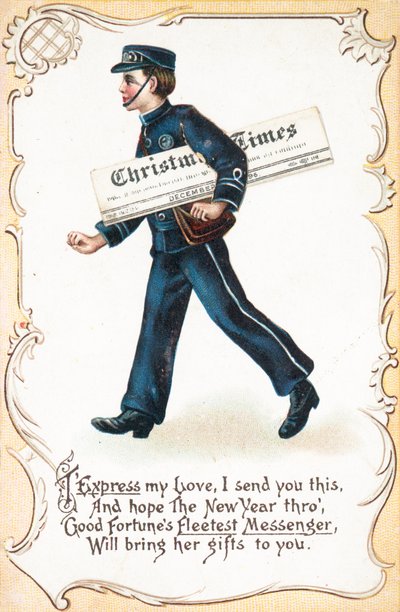 Boy levering Christmas Times Avis, julekort af English School