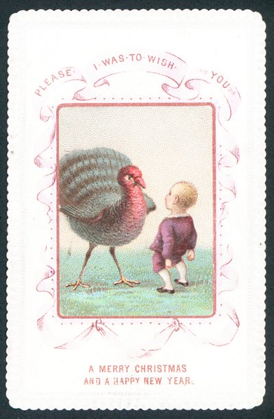 Dreng ansigt til ansigt med kalkun, julekort af English School