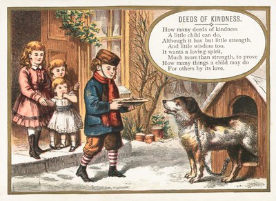 Dreng fodrer hund i kennel, julekort af English School