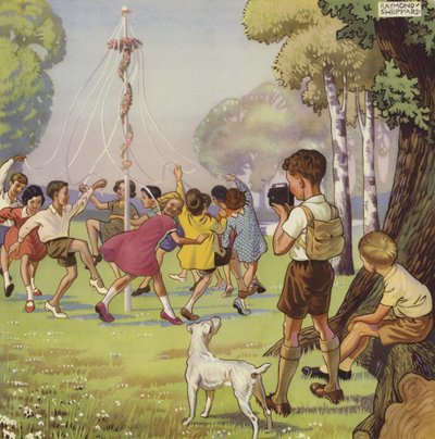 Dreng, der filmer børn, der danser omkring en majpæl (farve litho) af English School