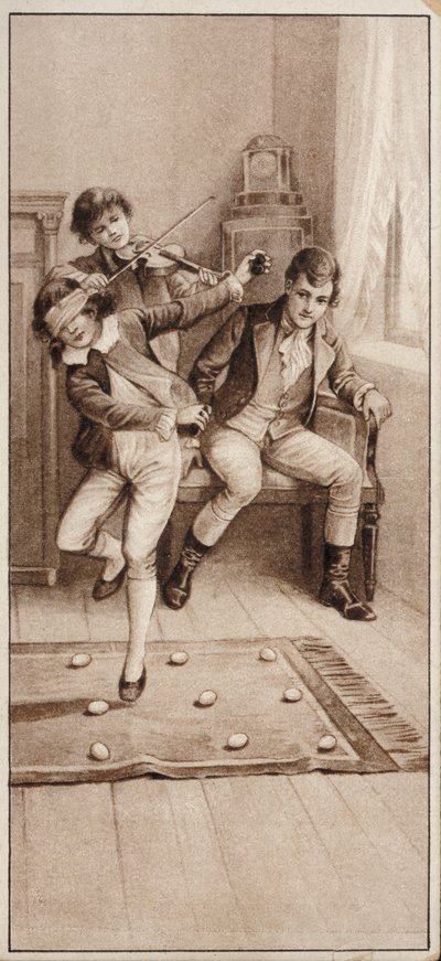 Dreng spiller et spil, hvor han skal forsøge at undgå at træde på æg med bind for øjnene (litho) af English School