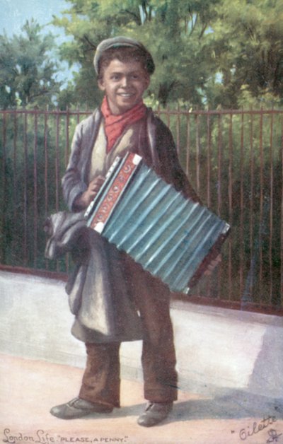 Dreng spiller harmonika (farve litho) af English School