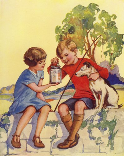 Dreng viser de fem små fisk, han har fanget (farve litho) af English School