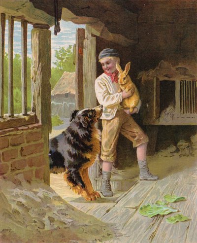 Dreng med en hund og en kanin på en gård (chromolitho) af English School