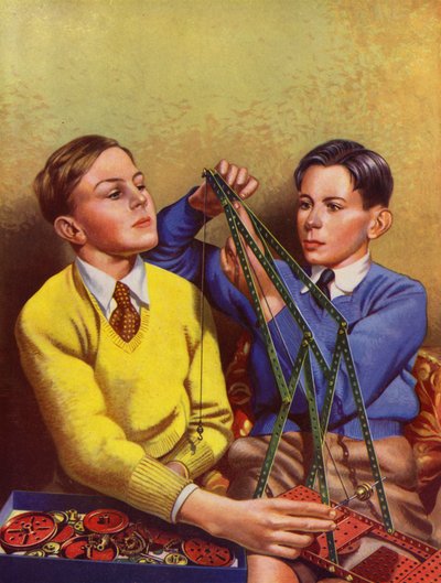 Drenge bygger med et legetøjsbyggesæt (farve litho) af English School