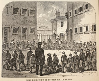 Drenge træner i Tothill Fields Prison, illustration fra The Criminal Prisons of London og Scenes from Prison Life af Henry Mayhew og John Binny, pub. 1862 af English School