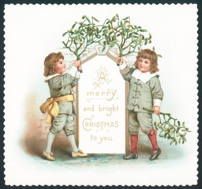 Drenge hængende mistelten for at underskrive, julekort af English School