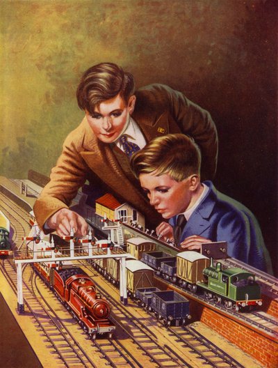 Drenge leger med et togsæt (farve litho) af English School