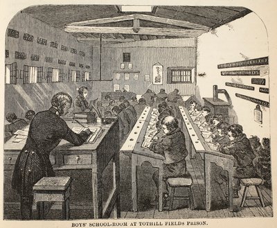 Drengeskoleværelse i Tothill Fields Prison, illustration fra The Criminal Prisons of London og Scenes from Prison Life af Henry Mayhew og John Binny, pub. 1862 af English School