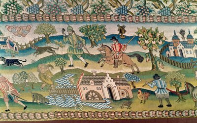 Bradford Table Carpet, detalje af scener fra livet på landet, slutningen af det 16. århundrede af English School