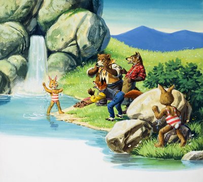 Brer Rabbit svømmer (gouache på papir) af English School