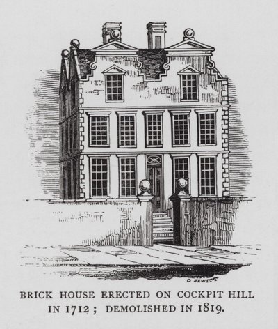 Murstenshus opført på Cockpit Hill i 1712; revet ned i 1819 (gravering) af English School