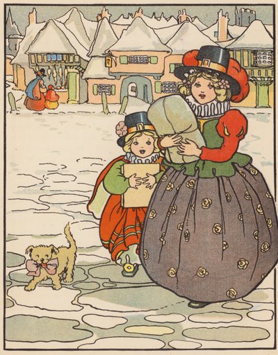 Bringing Home the Christmas Presents (farvelitografi) af English School