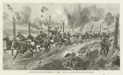 British Field Artillery Bringing up Their Guns at a Gallop under Heavy Shell Fire, World War I  af English School