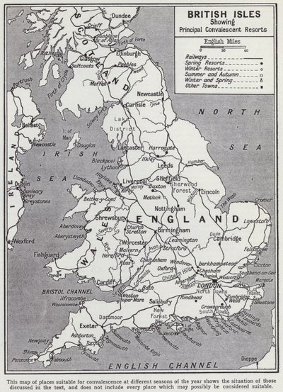 Britiske øer, vigtigste rekonvaleserende feriesteder (litho) af English School