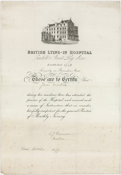 Britisk liggende hospital. Sygeplejecertifikat af English School