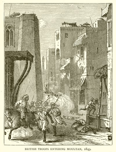 Britiske tropper på vej ind i Moultan, 1849 af English School