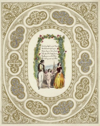Britisk Valentine-kort med et billede af et par med en kerub af English School