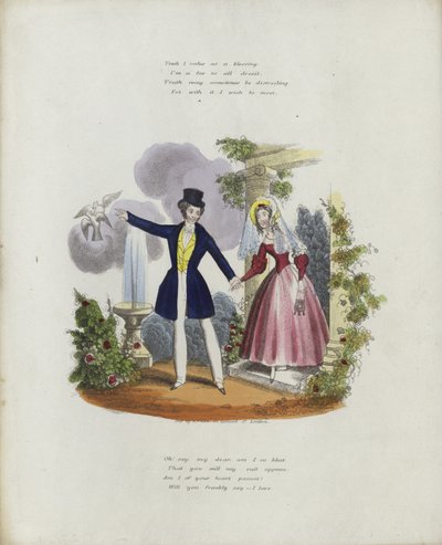Britisk Valentine-kort med et billede af en mand og en kvinde, der holder i hånd af English School
