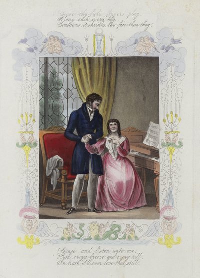 Britisk Valentine-kort med et billede af en mand, der holder hånden på en kvinde af English School