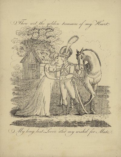 Britisk Valentine-kort med et billede af en soldat og en kvinde af English School