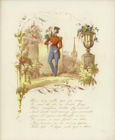 Britisk Valentine-kort med et billede af en soldat med en kerub på skulderen af English School