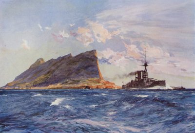 Britisk slagskib ud for Gibraltar (farve litho) af English School
