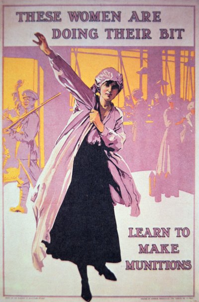Britisk plakat af WWI for at opmuntre kvinder til at arbejde i ammunitionsfabrikker, ca. 1914-18 (farve litho) af English School