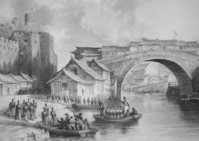 Britiske tropper lander ved West Gate of Ching Keang under opiumskrigene, illustration efter en øjenvidneskitse af kaptajn Stoddard (litho) (s/h version af 225386) af English School