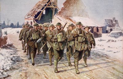 Britiske tropper på march under vinterforhold, 1914-19 af English School
