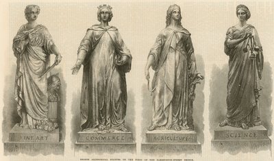 Allegoriske bronzestatuer på bropillerne på Farringdon Street Bridge (kobberstik) af English School