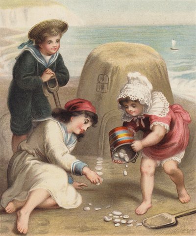At bygge et sandslot på stranden (chromolitho) af English School