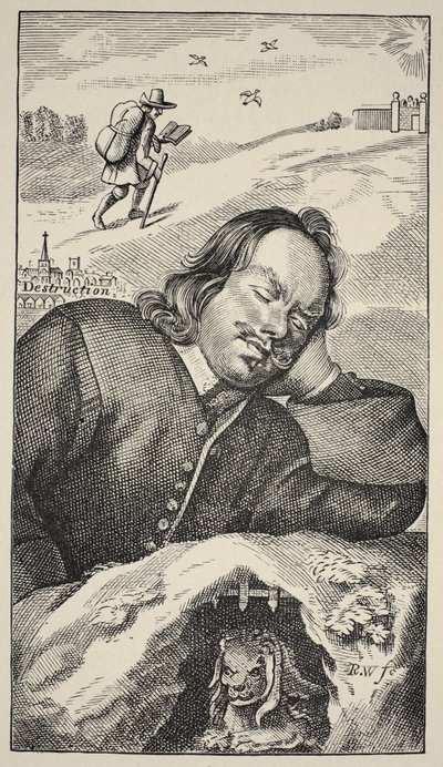 Bunyans Dream, frontispice af The Pilgrims Progress af John Bunyan (1628-88), 4. udgave, pub. 1680 (sepia foto) af English School