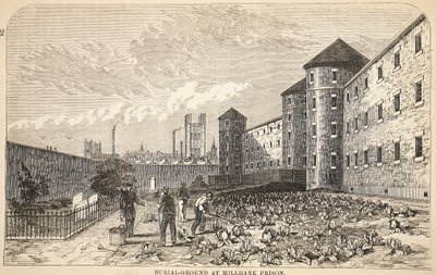 Gravplads ved Millbank Prison, illustration fra The Criminal Prisons of London og Scenes from Prison Life af Henry Mayhew og John Binny, pub. 1862 af English School