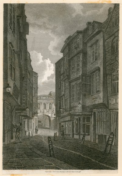 Butcher Row, ser fra Temple Bar, baseret på en tegning af Edward Dayes, 9. juni 1796 af English School