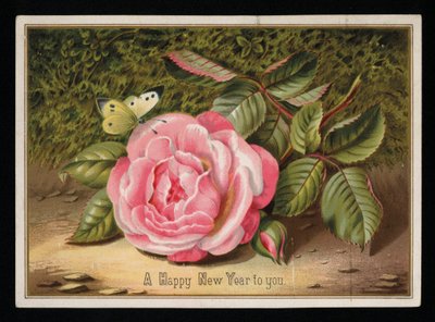 Sommerfugl med en lyserød rose, nytårs lykønskningskort (chromolitho) af English School