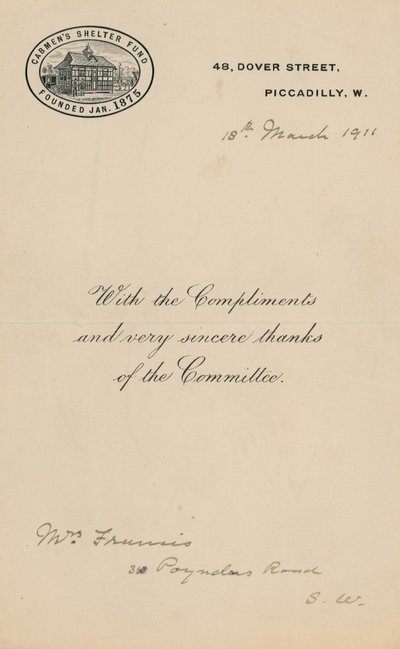 Cabmens Shelter Fun, grundlagt januar 1875. Brev af English School