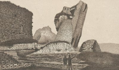Caerphilly Castle, det skæve tårn (litho) af English School